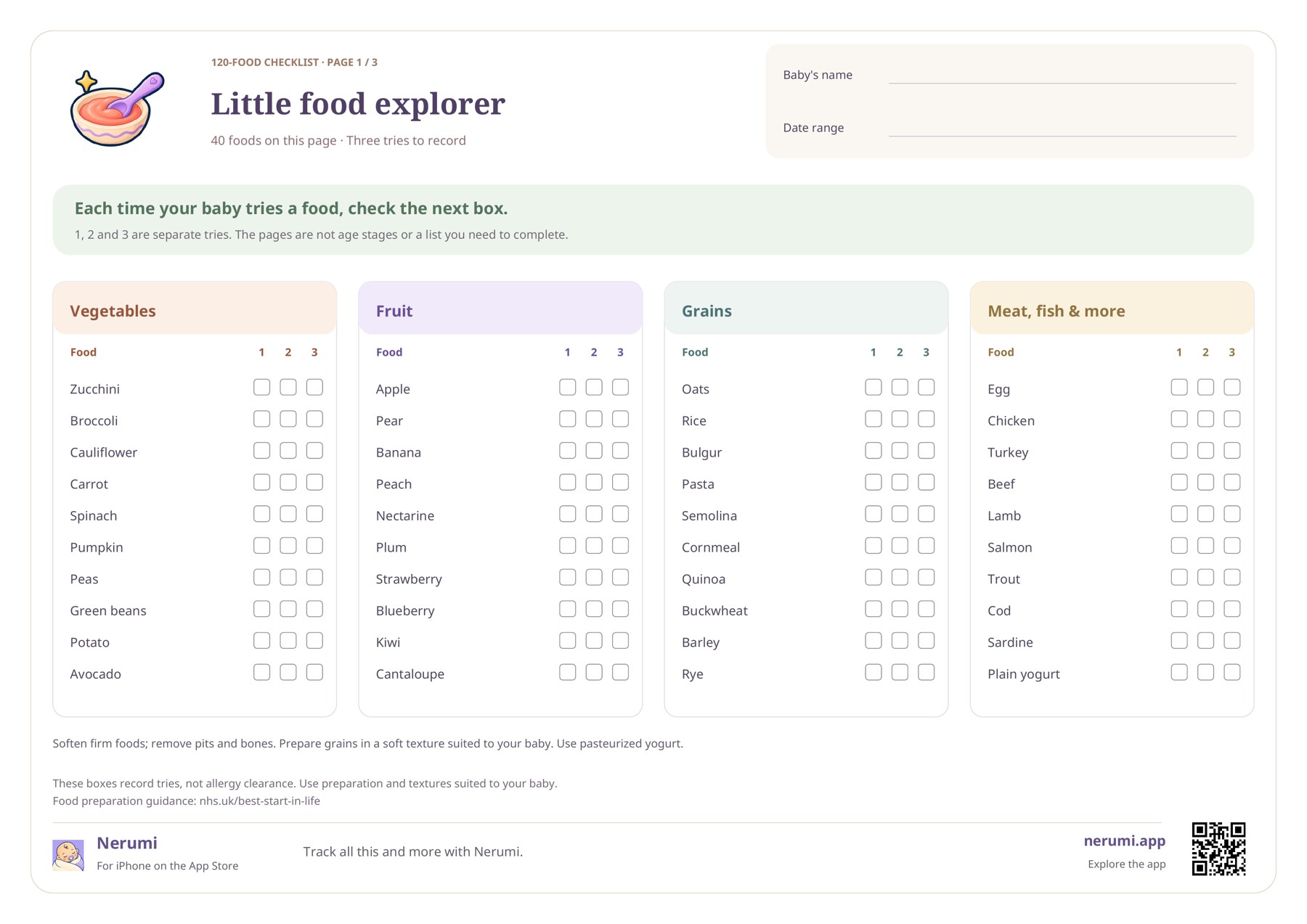 First page of a baby food checklist with vegetables, fruit, grains, meat, fish and other foods