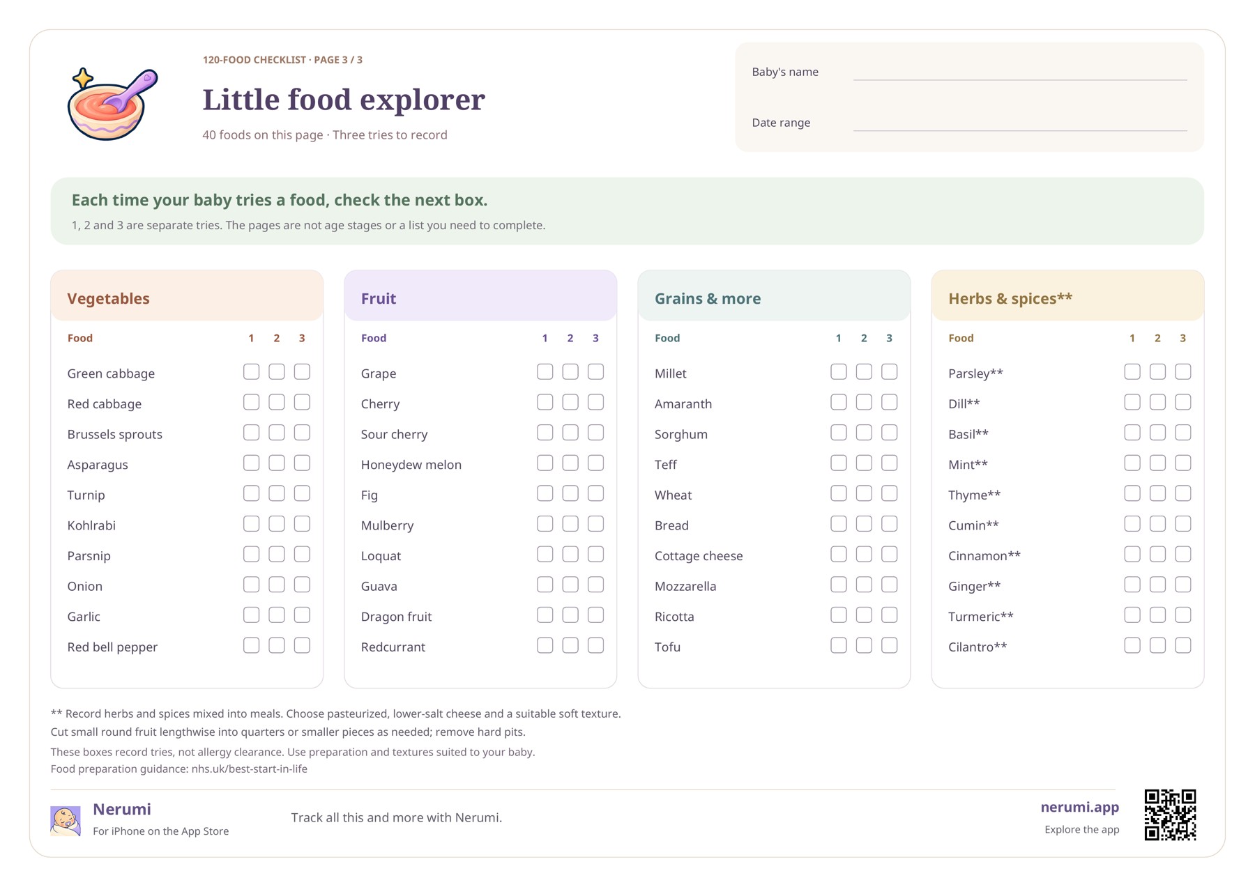 Third checklist page with more vegetables, fruit, grains, dairy, herbs and spices