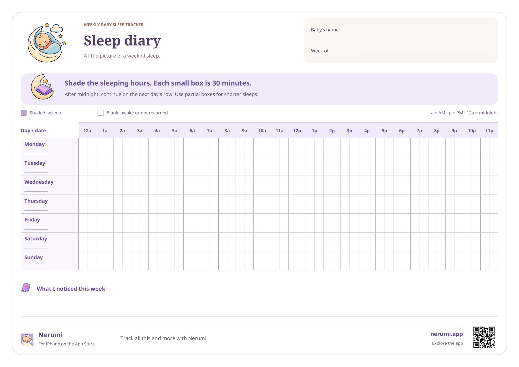 Weekly baby sleep chart with seven day rows and half-hour boxes from midnight to midnight