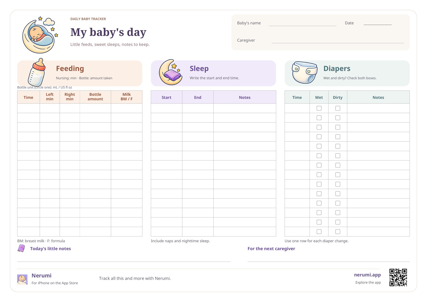 Landscape baby tracker with feeding, sleep and diaper tables, caregiver notes and Nerumi illustrations
