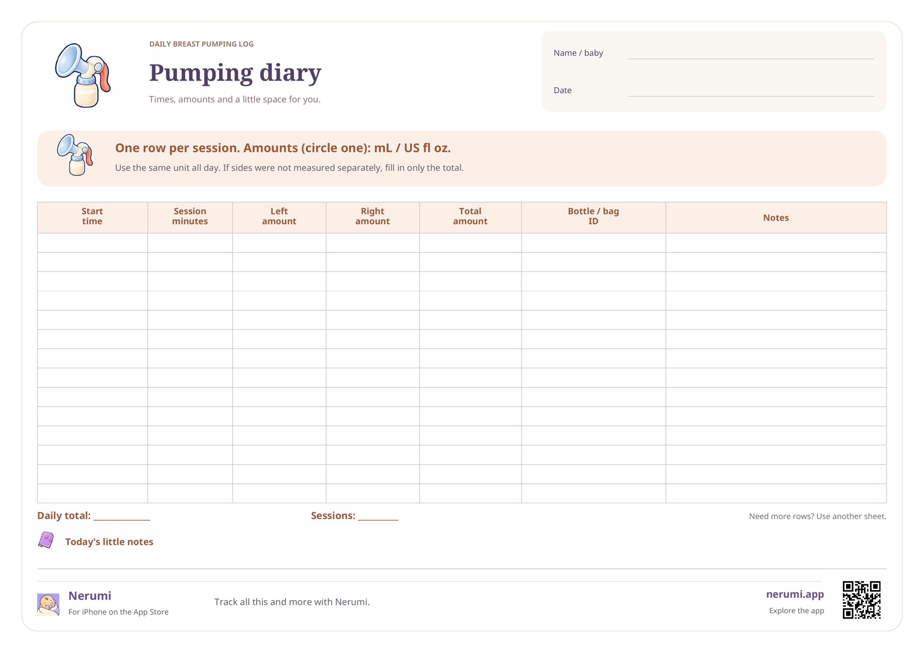 Breast pumping log with time, duration, left and right amounts, total milk, container ID and notes