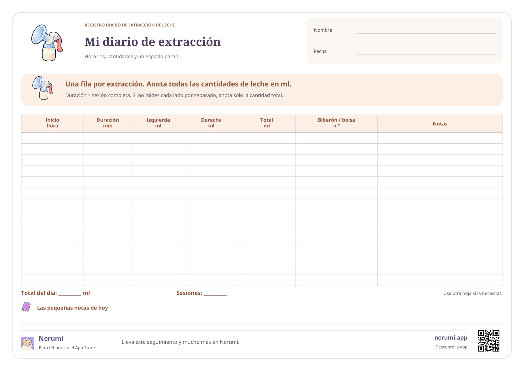 Diario de extracción con 14 filas para hora, duración, cantidad por lado, total, número de biberón o bolsa y notas.