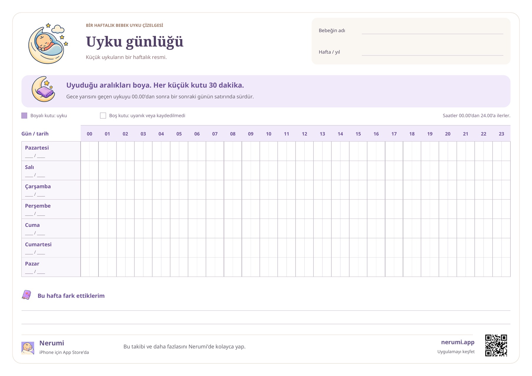 Haftanın yedi günü ve 24 saat için yarım saatlik kutular içeren uyku çizelgesi