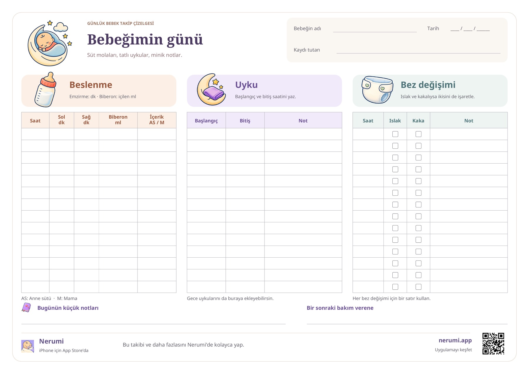 Beslenme, uyku ve bez değişimi için günlük bebek takip çizelgesi