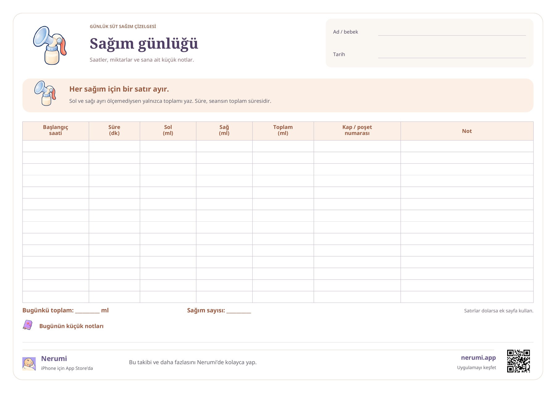 Sağım başlangıcı, süre, sol, sağ, toplam süt miktarı ve not sütunları bulunan çizelge