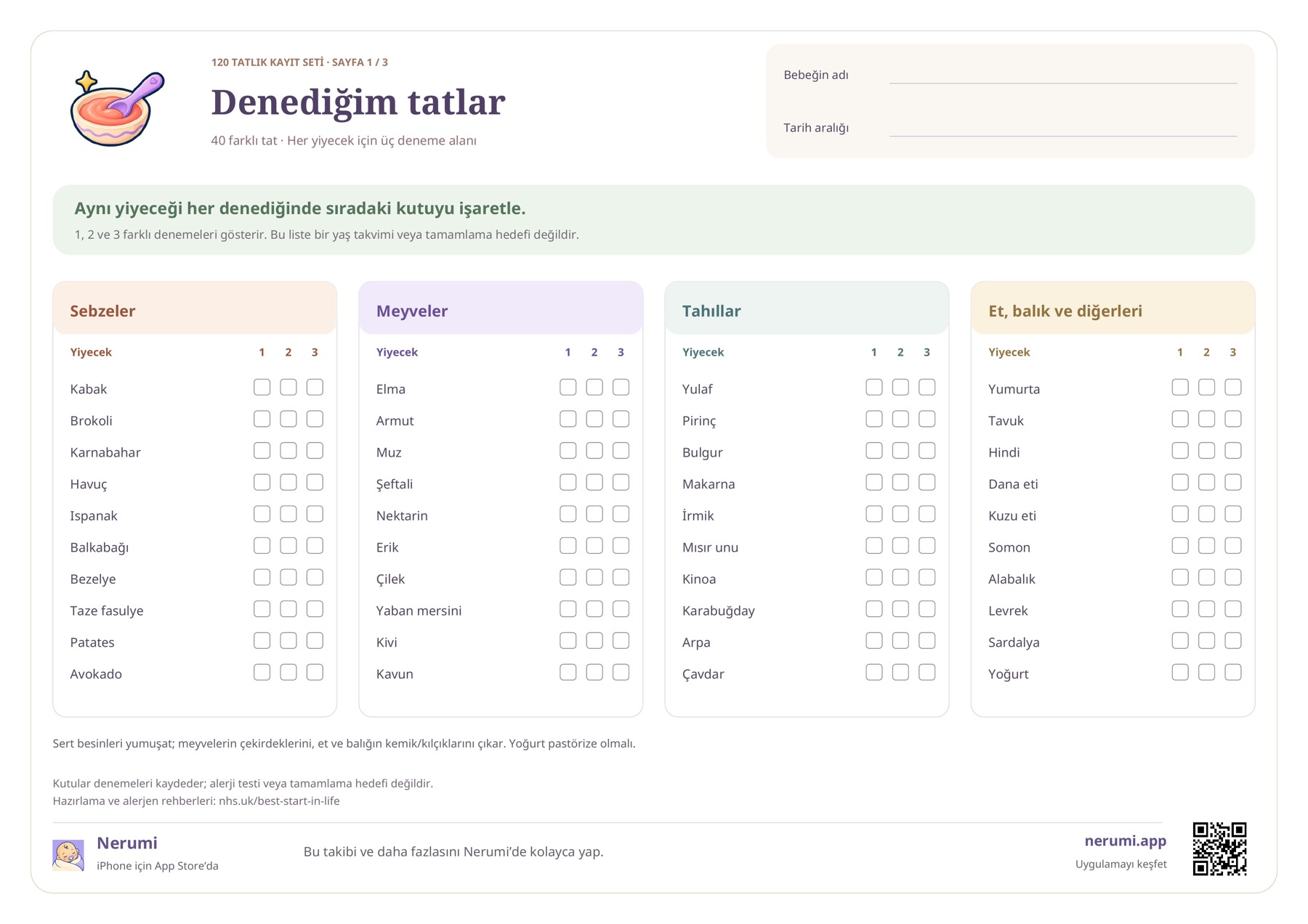 Denediğim Tatlar setinin 1. sayfası: 40 yiyecek adı ve her biri için üç deneme kutusu