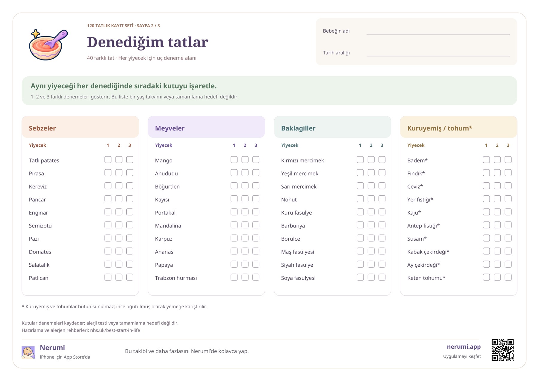 Denediğim Tatlar setinin 2. sayfası: 40 yiyecek adı ve her biri için üç deneme kutusu