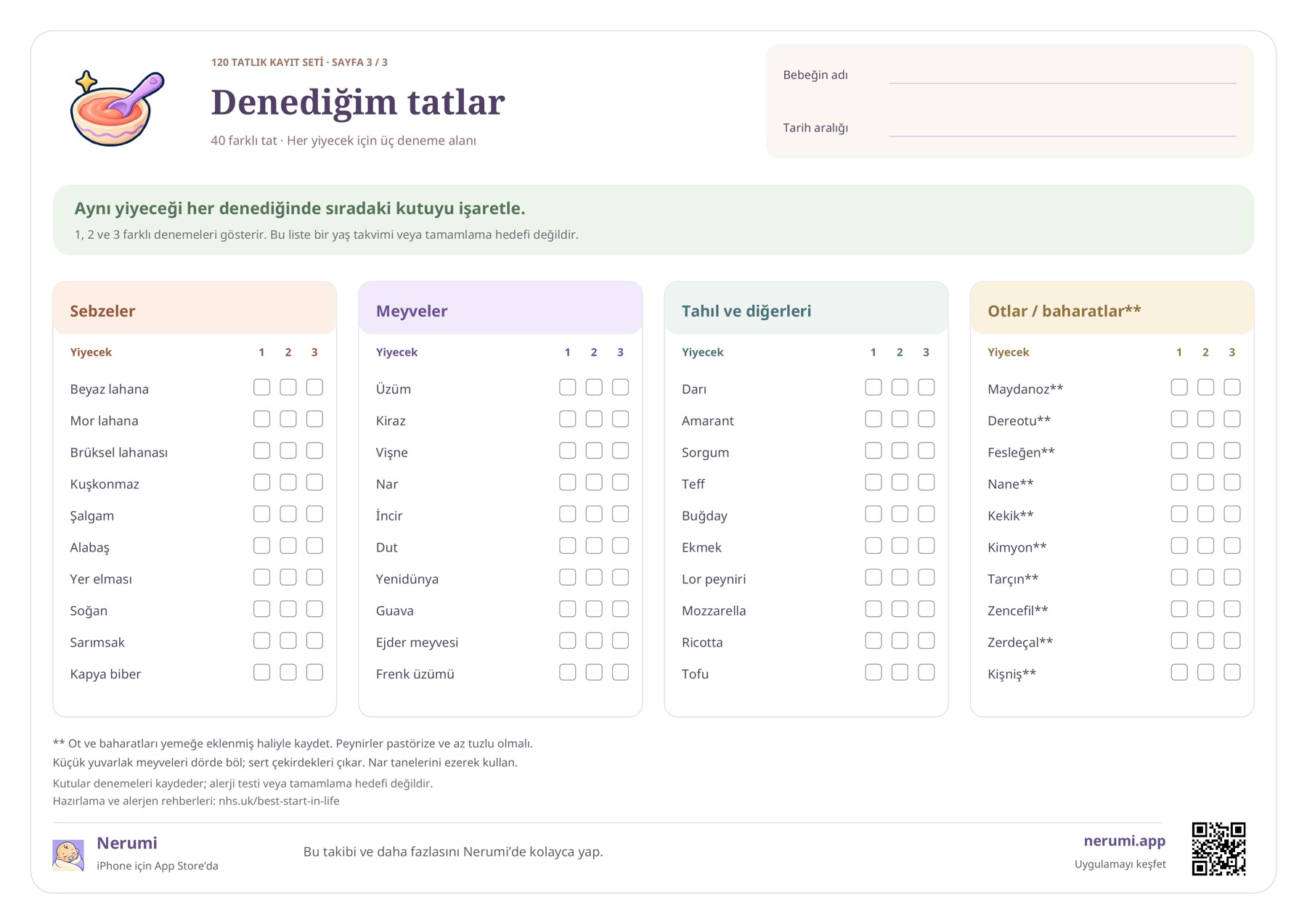 Denediğim Tatlar setinin 3. sayfası: 40 yiyecek adı ve her biri için üç deneme kutusu