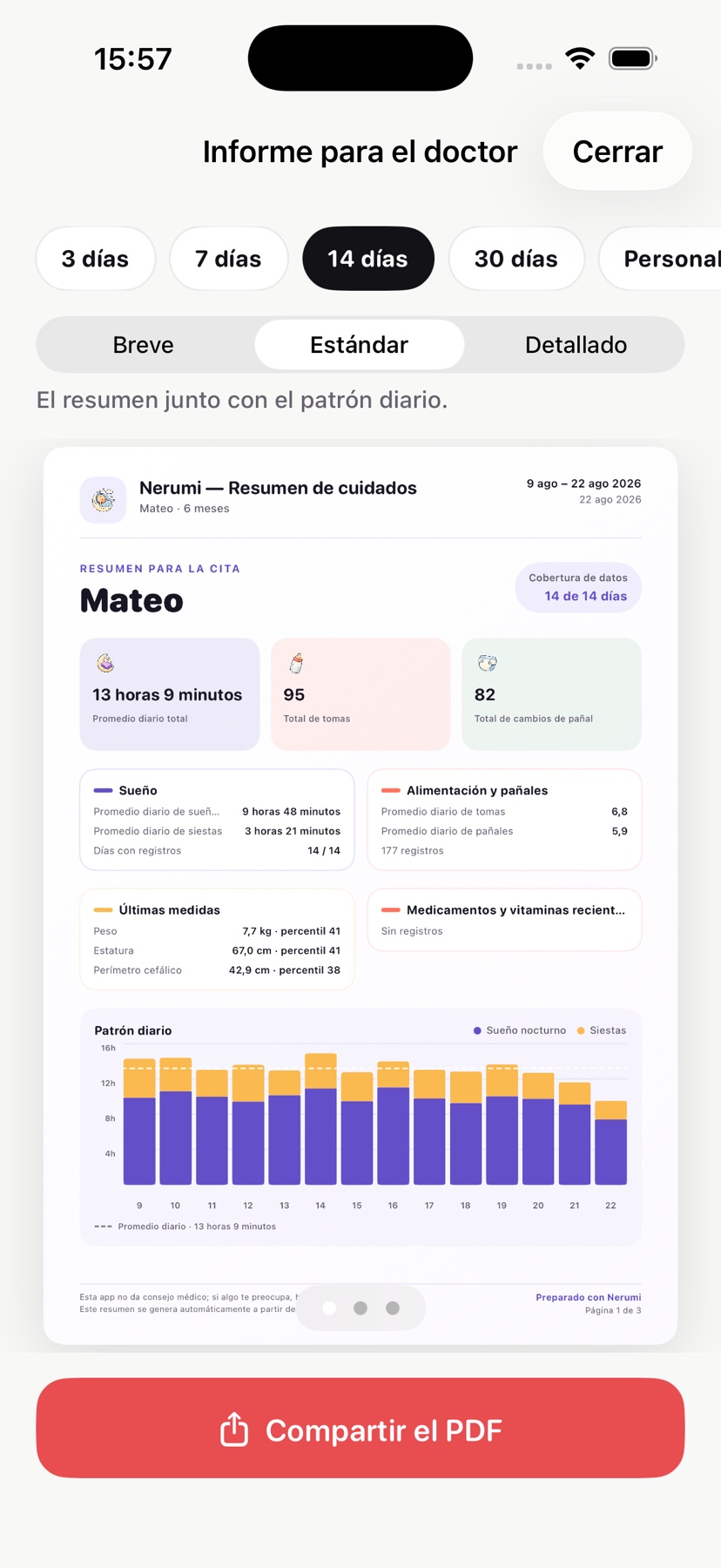 Informe de Nerumi con un perfil de ejemplo llamado Mateo