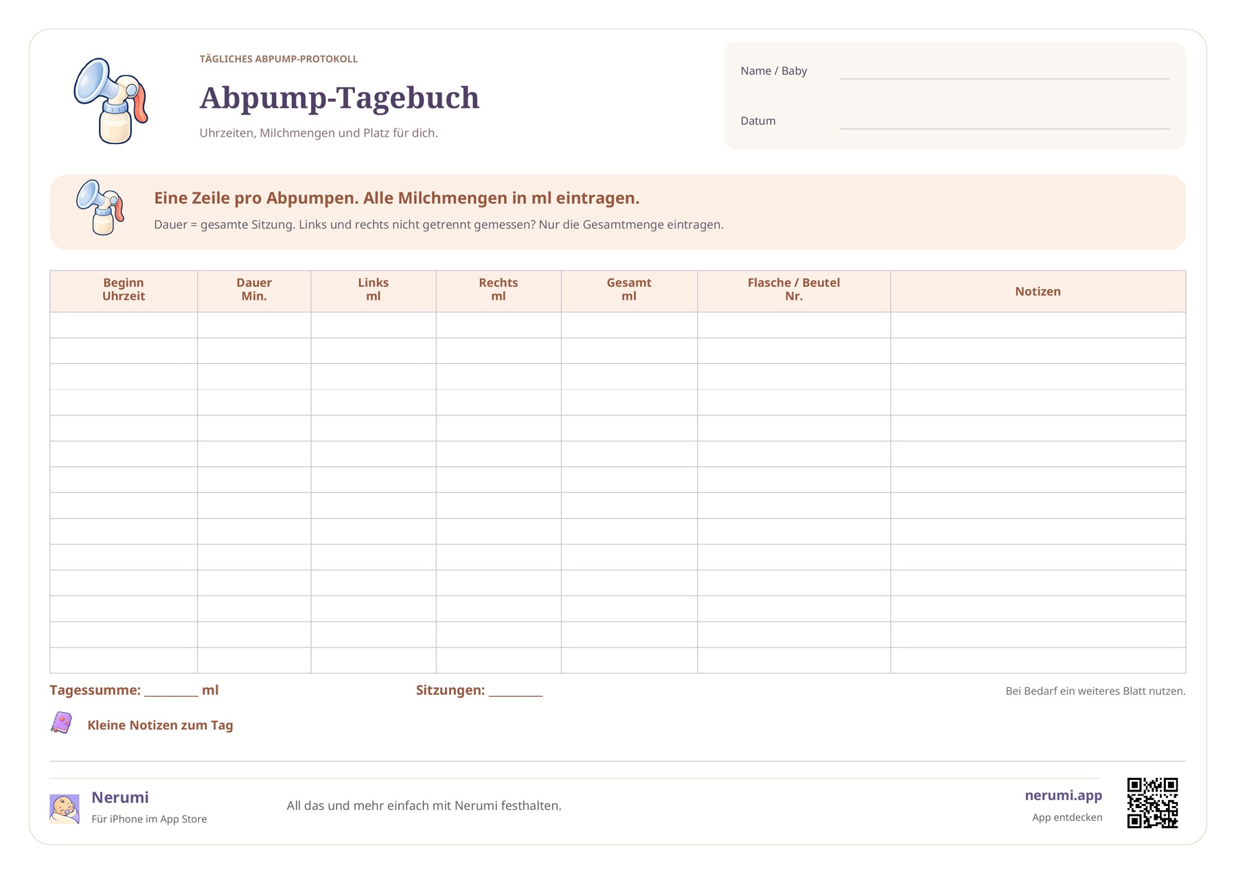 Abpump-Protokoll mit 14 Zeilen für Beginn, Dauer, Milchmenge links und rechts, Gesamtmenge und Notizen