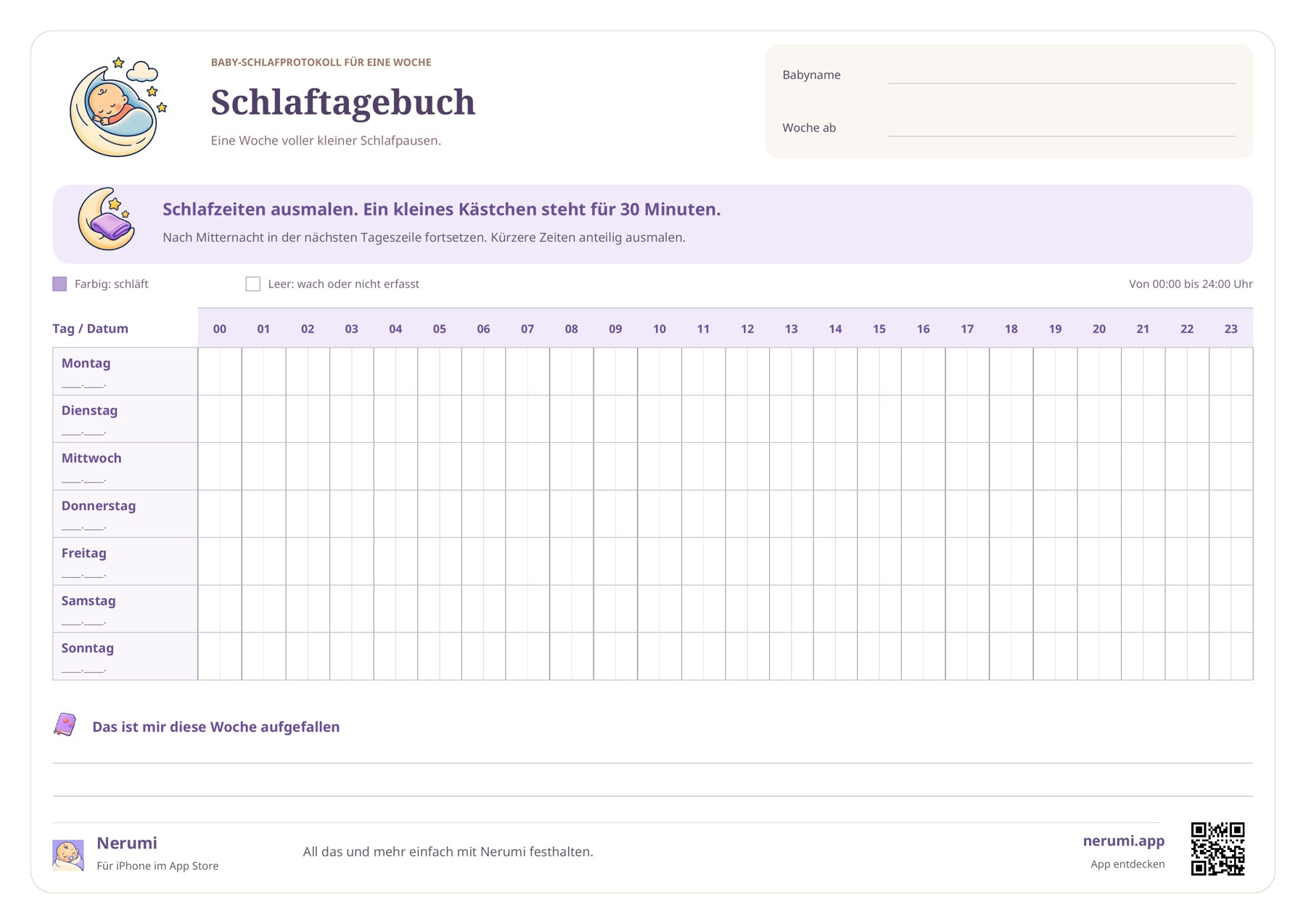 Schlafprotokoll mit sieben Tageszeilen und halbstündigen Kästchen von 00 bis 24 Uhr