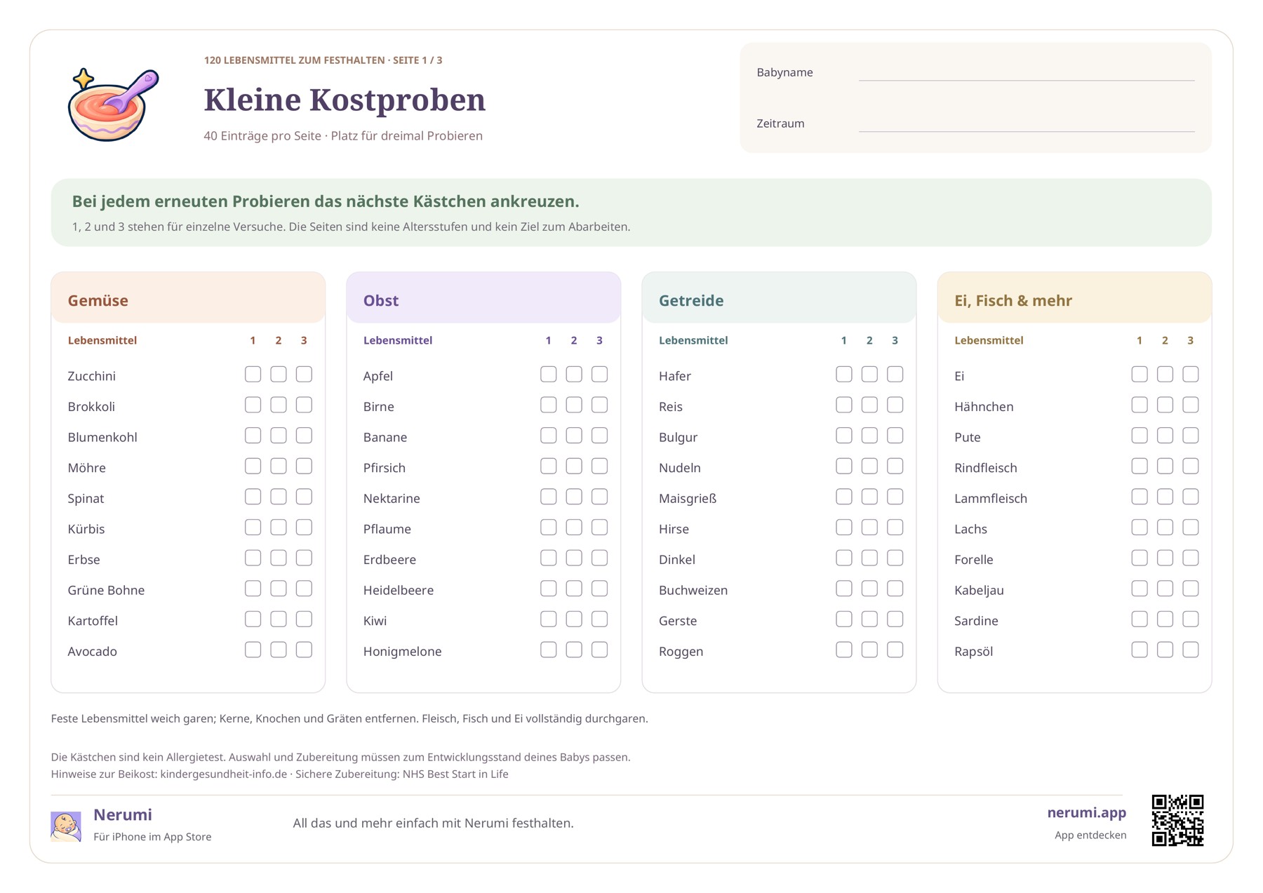Erste Seite der Beikost-Checkliste mit Gemüse, Obst, Getreide, Ei, Fisch und weiteren Lebensmitteln