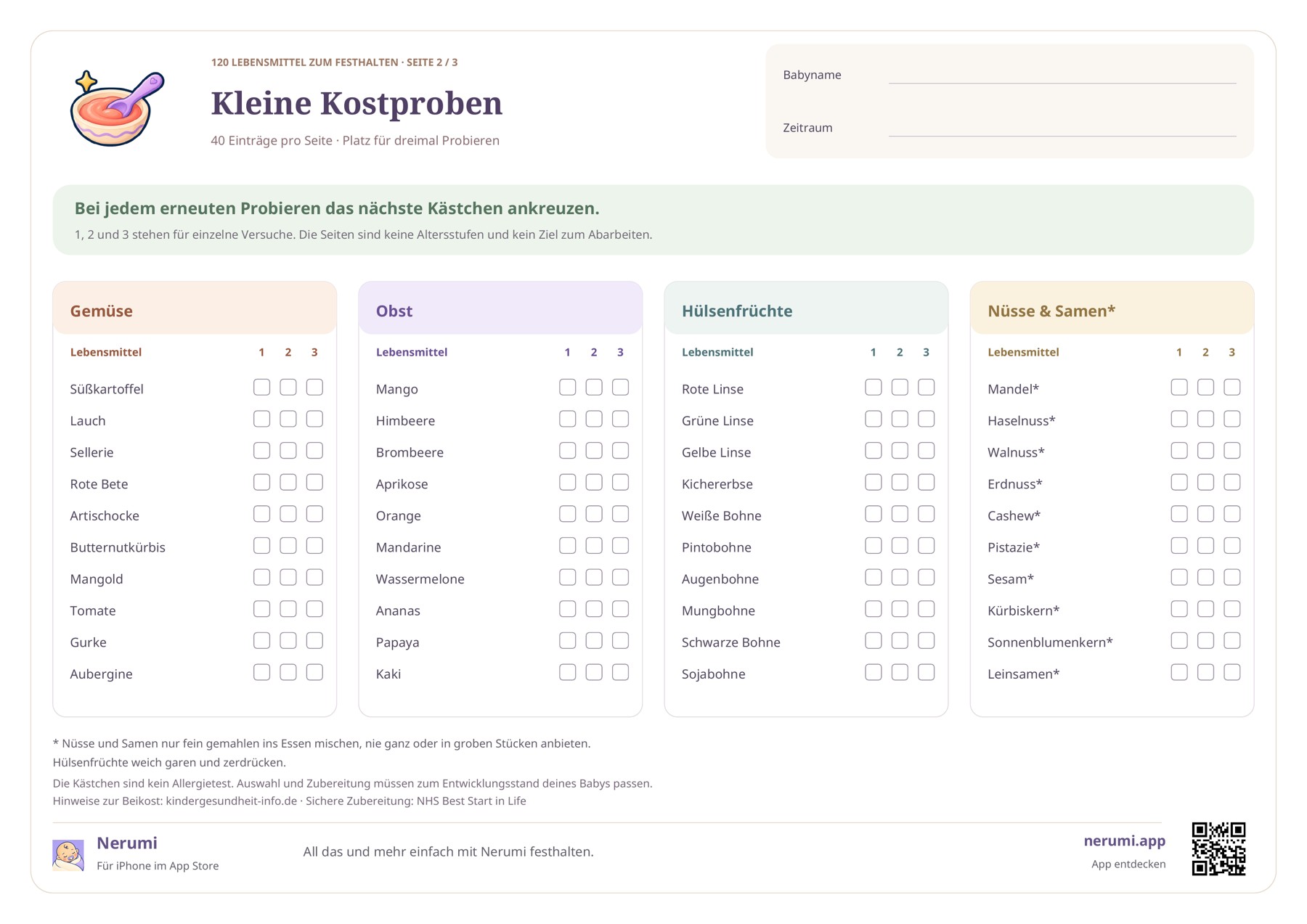 Zweite Seite mit Gemüse, Obst, Hülsenfrüchten sowie Nüssen und Samen