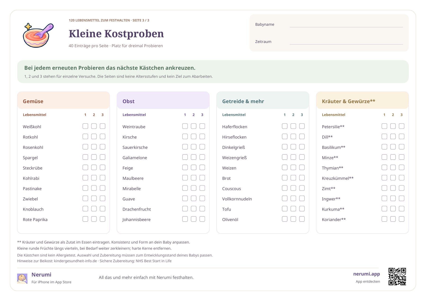 Dritte Seite mit weiterem Gemüse, Obst, Getreide, Kräutern und Gewürzen