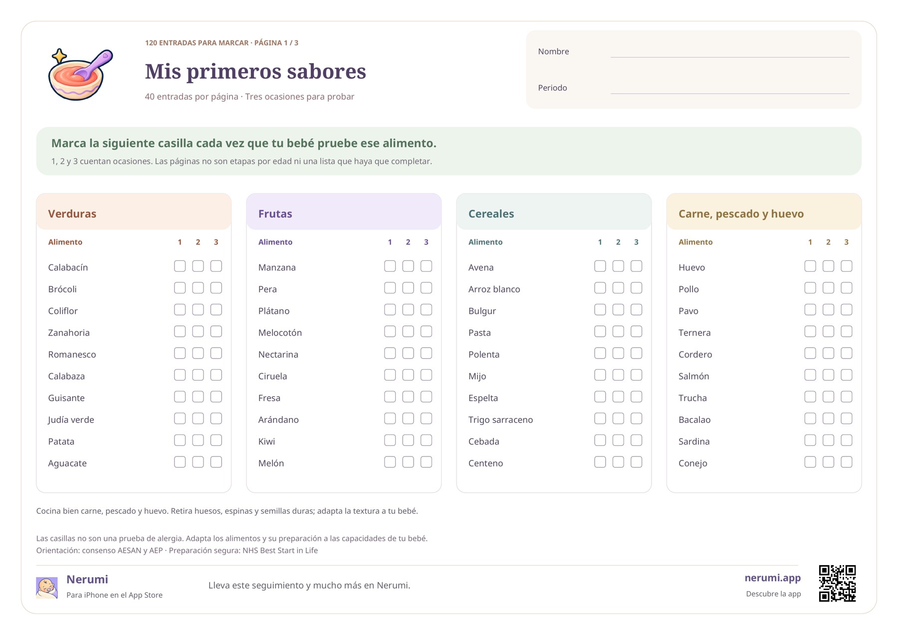 Primera página de una lista de alimentación complementaria con verduras, frutas, cereales, carne, pescado y huevo; tres casillas por entrada.