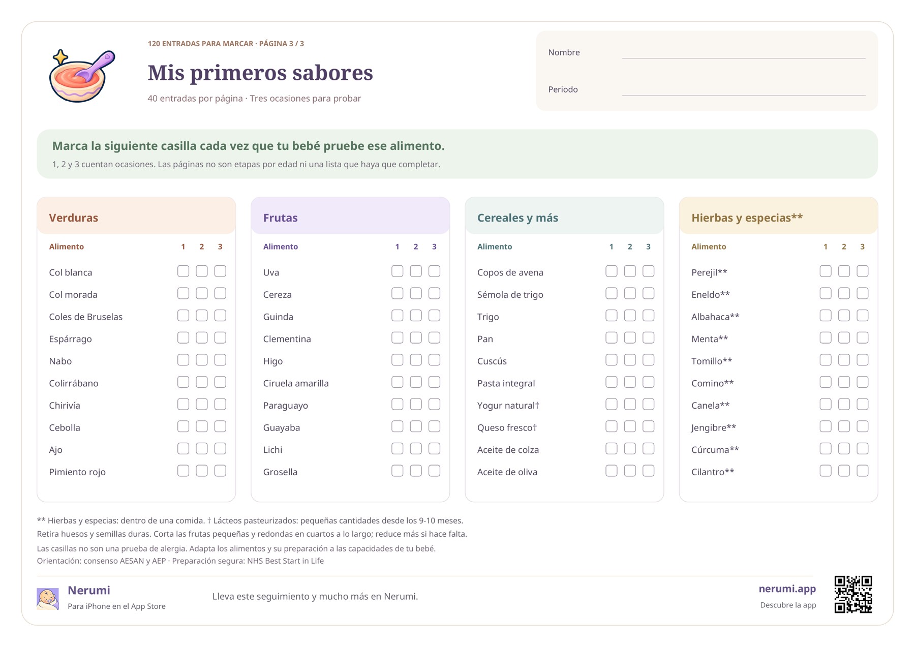 Tercera página: más verduras y frutas, cereales, lácteos, aceites, hierbas y especias.