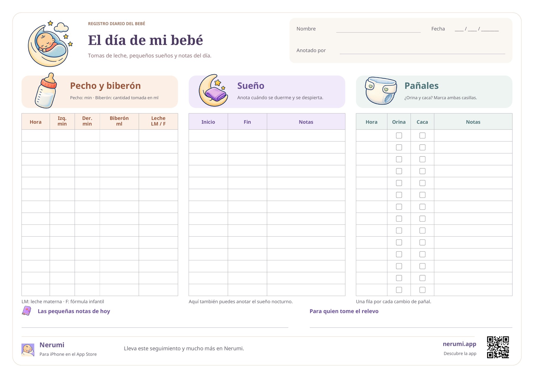 Registro diario en horizontal con tres tablas para pecho y biberón, sueño y pañales, y un espacio para las notas y el relevo.