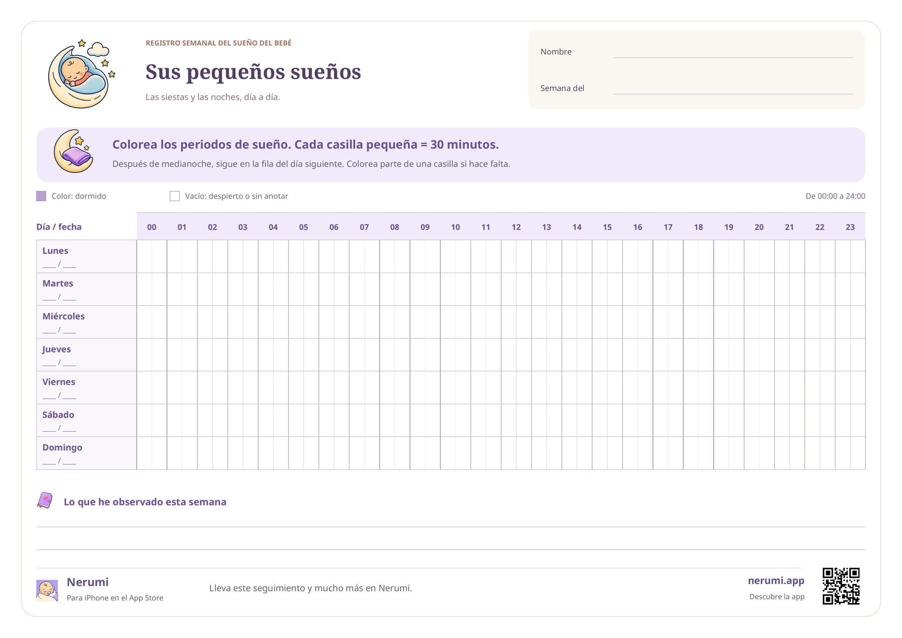 Tabla de sueño de lunes a domingo con 24 horas por día, casillas de media hora, una leyenda y espacio para observaciones.