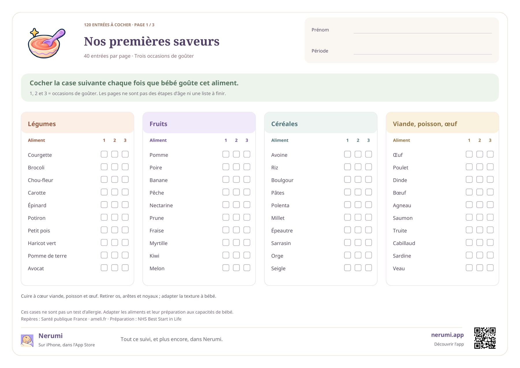 Première page d’une liste de diversification alimentaire avec légumes, fruits, céréales, viande, poisson et œuf, et trois cases par entrée.