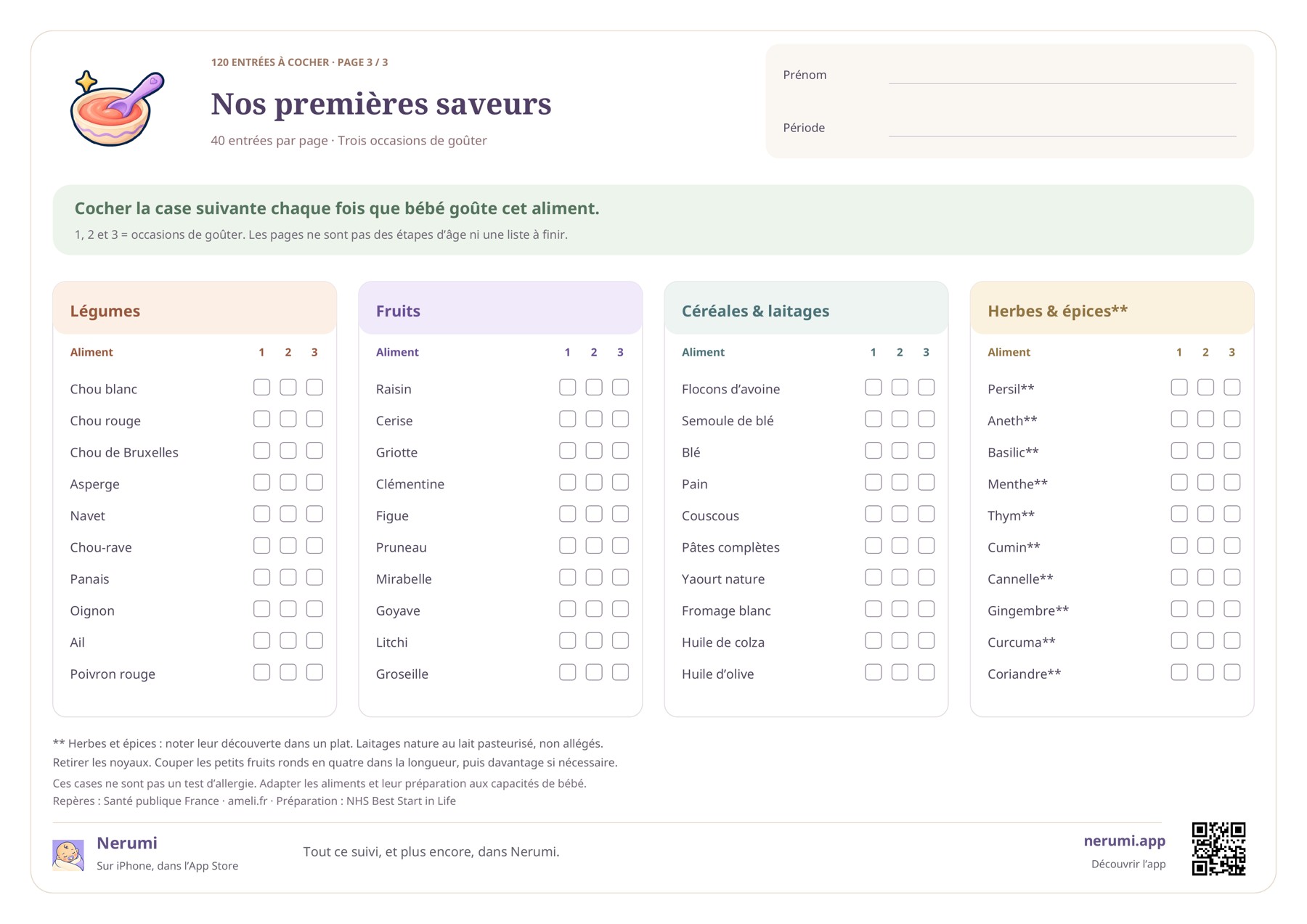 Troisième page : autres légumes et fruits, céréales, laitages, huiles, herbes et épices.