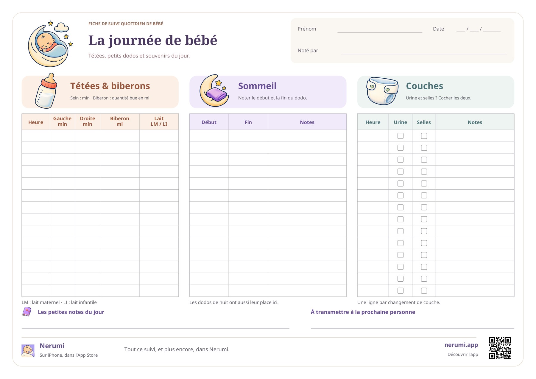 Fiche quotidienne avec trois tableaux pour les tétées et biberons, le sommeil et les couches, ainsi que des notes pour la personne qui prend le relais.