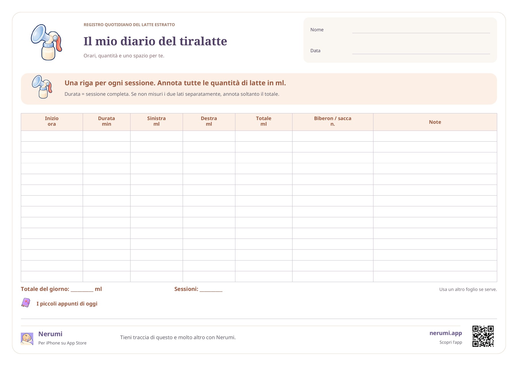 Diario del tiralatte con 14 righe per orari, durata, ml per lato, totale, numero del contenitore e note.