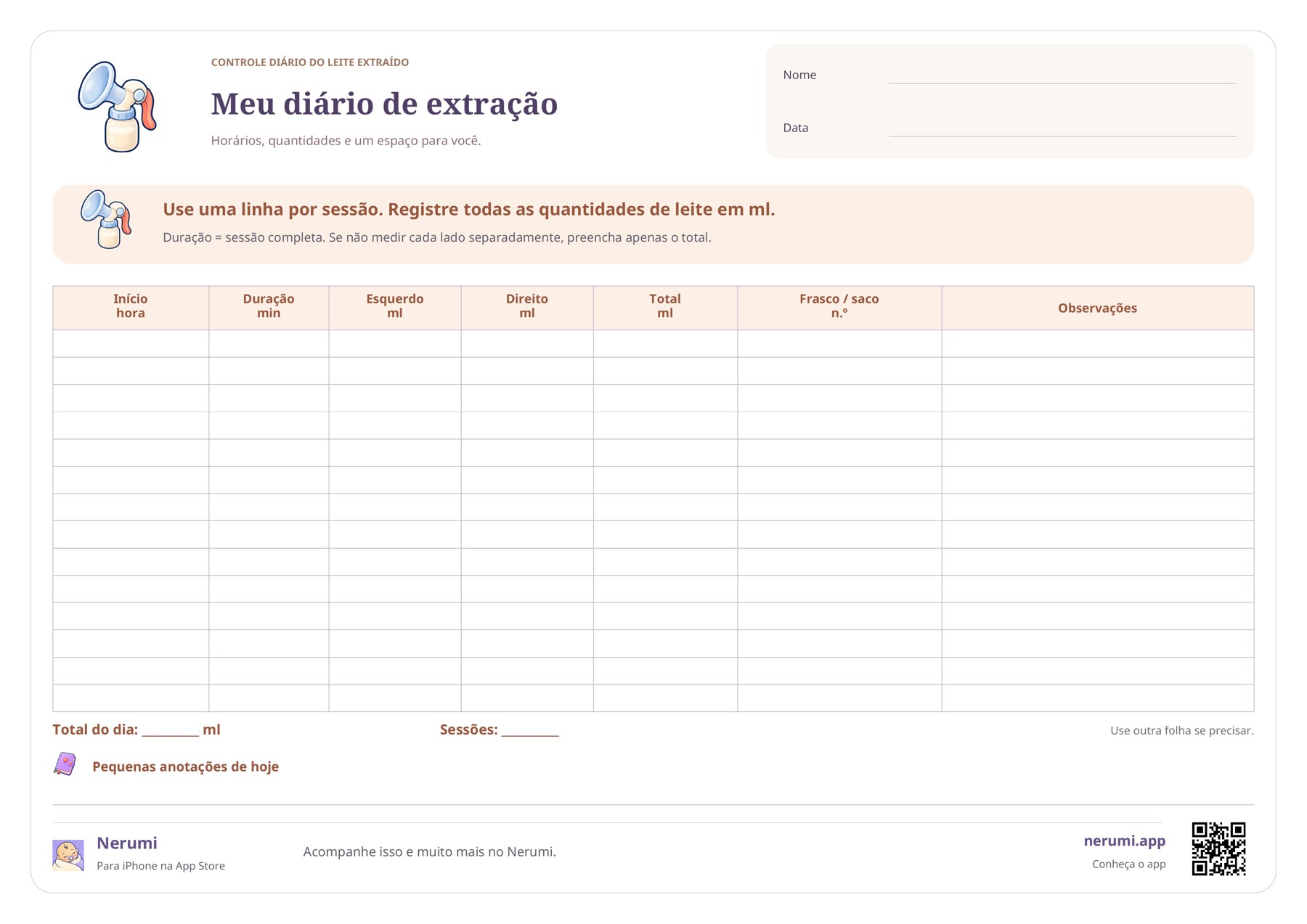 Planilha horizontal de extração de leite com 14 linhas para horários, duração, ml por lado, total, recipiente e observações.