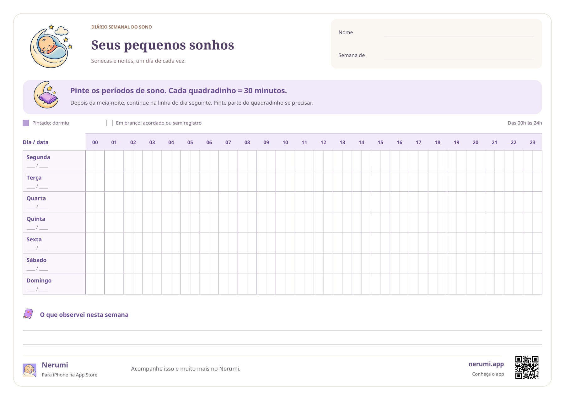 Tabela de sono de segunda a domingo, com 24 horas divididas em meias horas, legenda e espaço para observações.