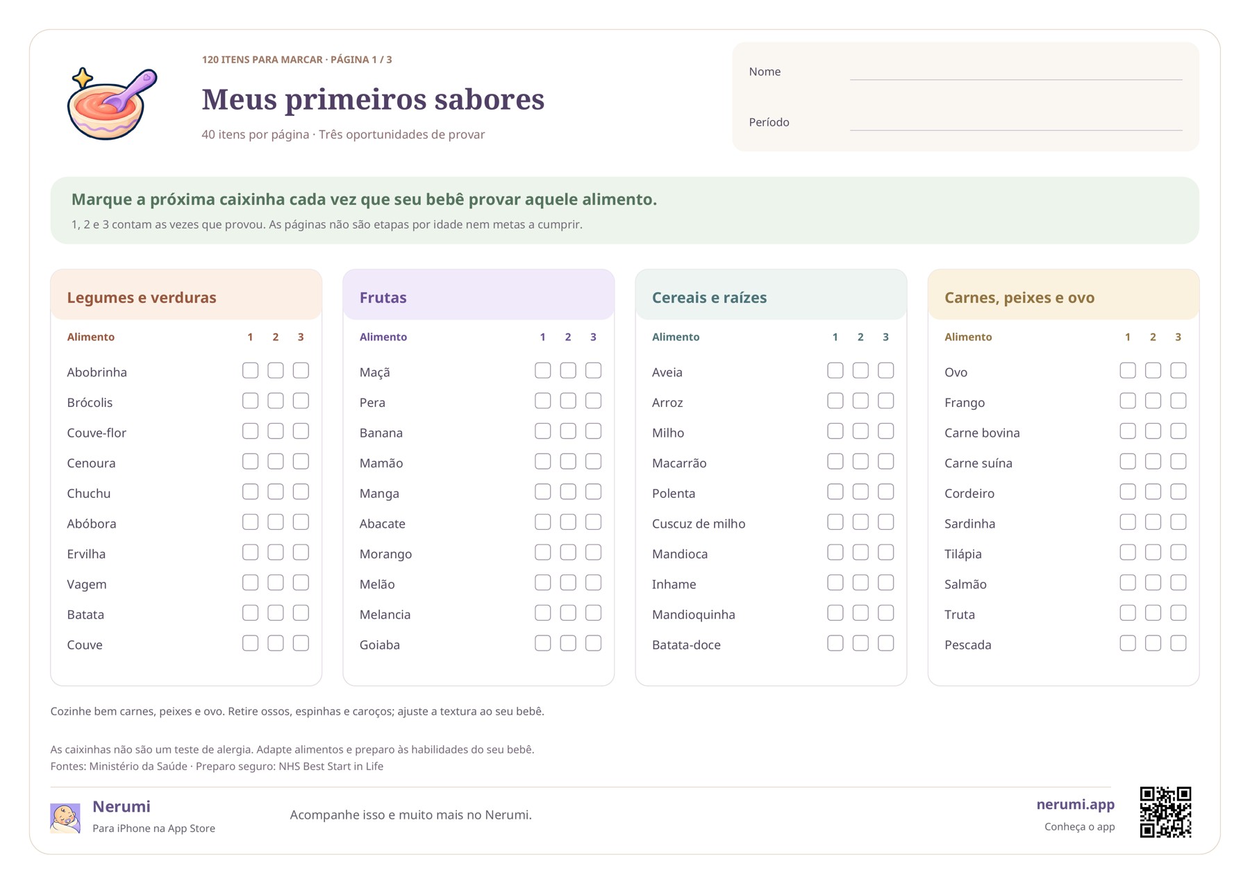 Primeira página do checklist com legumes, frutas, cereais, raízes, carnes, peixes e ovo, com três caixinhas por item.
