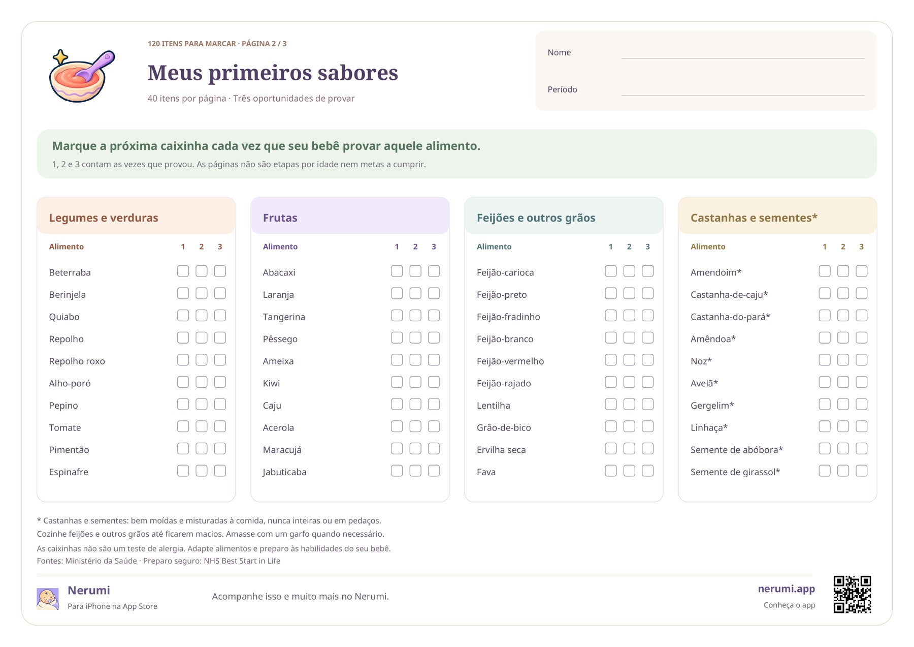 Segunda página: legumes, frutas, feijões, castanhas e sementes, com três caixinhas por item.